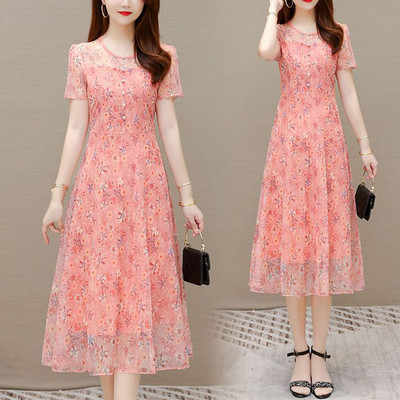 Καλοκαίρι 2023 Δημοφιλή λουλούδια σφενδάμου σε γραμμή Α με στρογγυλή λαιμόκοψη με κουμπιά με φυσαλίδες με κοντομάνικο γάζα μίντι γυναικεία φορέματα