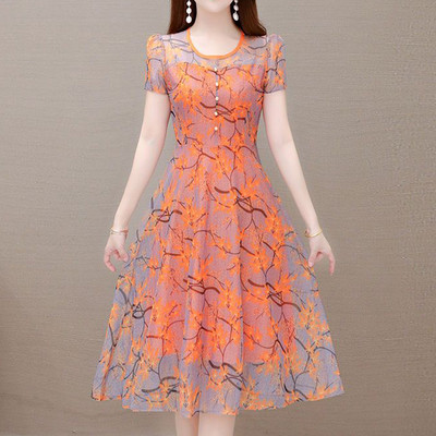 Καλοκαίρι 2023 Δημοφιλή λουλούδια σφενδάμου σε γραμμή Α με στρογγυλή λαιμόκοψη με κουμπιά με φυσαλίδες με κοντομάνικο γάζα μίντι γυναικεία φορέματα