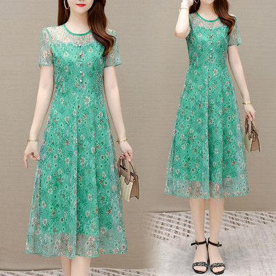 Καλοκαίρι 2023 Δημοφιλή λουλούδια σφενδάμου σε γραμμή Α με στρογγυλή λαιμόκοψη με κουμπιά με φυσαλίδες με κοντομάνικο γάζα μίντι γυναικεία φορέματα