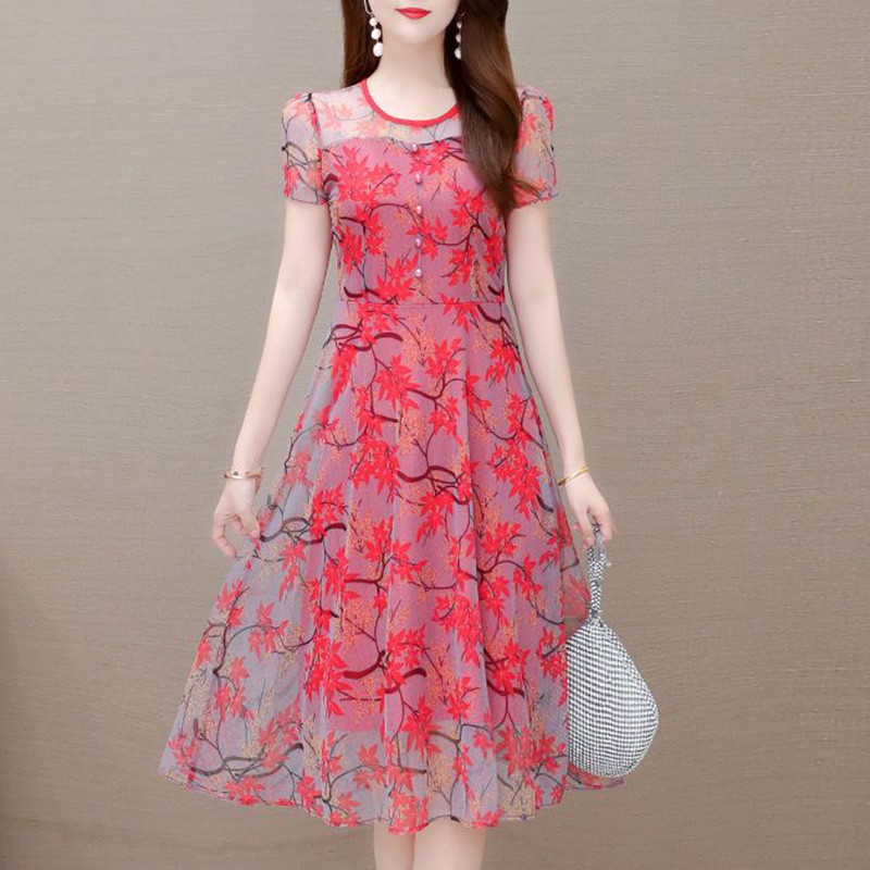 Καλοκαίρι 2023 Δημοφιλή λουλούδια σφενδάμου σε γραμμή Α με στρογγυλή λαιμόκοψη με κουμπιά με φυσαλίδες με κοντομάνικο γάζα μίντι γυναικεία φορέματα