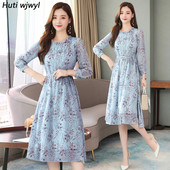 2024 Vintage Blue Floral Chiffon Casual Φόρεμα Φθινόπωρο Χειμώνας Νέα στάμπα μακρυμάνικο φόρεμα Κομψό Γυναικείο Bodycon Party Midi Vestido