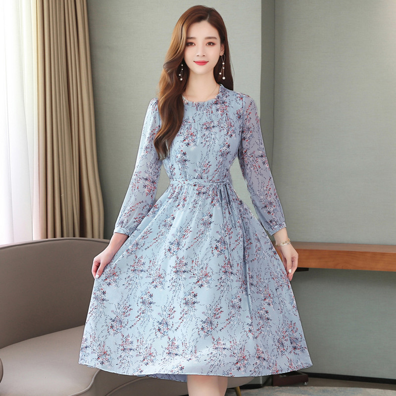 2024 Vintage Blue Floral Chiffon Casual Φόρεμα Φθινόπωρο Χειμώνας Νέα στάμπα μακρυμάνικο φόρεμα Κομψό Γυναικείο Bodycon Party Midi Vestido