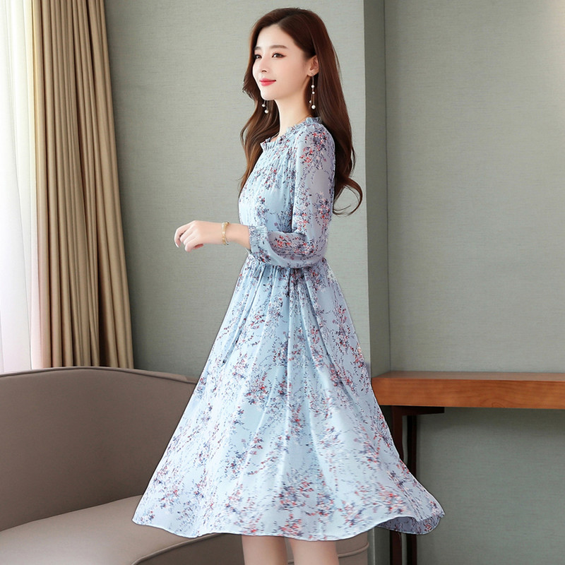 2024 Vintage Blue Floral Chiffon Casual Φόρεμα Φθινόπωρο Χειμώνας Νέα στάμπα μακρυμάνικο φόρεμα Κομψό Γυναικείο Bodycon Party Midi Vestido