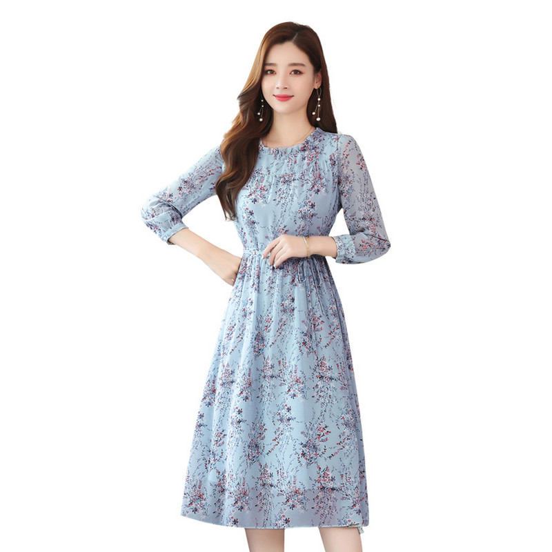 2024 Vintage Blue Floral Chiffon Casual Φόρεμα Φθινόπωρο Χειμώνας Νέα στάμπα μακρυμάνικο φόρεμα Κομψό Γυναικείο Bodycon Party Midi Vestido