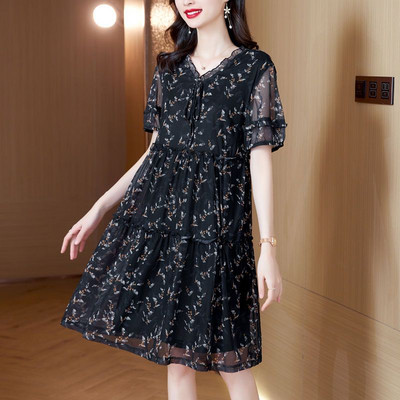 Κομψή λαιμόκοψη V με στάμπα με κορδόνια επάνω με φιόγκο με βολάν Vintage φόρεμα Γυναικεία ρούχα 2024 Καλοκαίρι Νέο Φαρδύ Γυναικείο Floral Φόρεμα