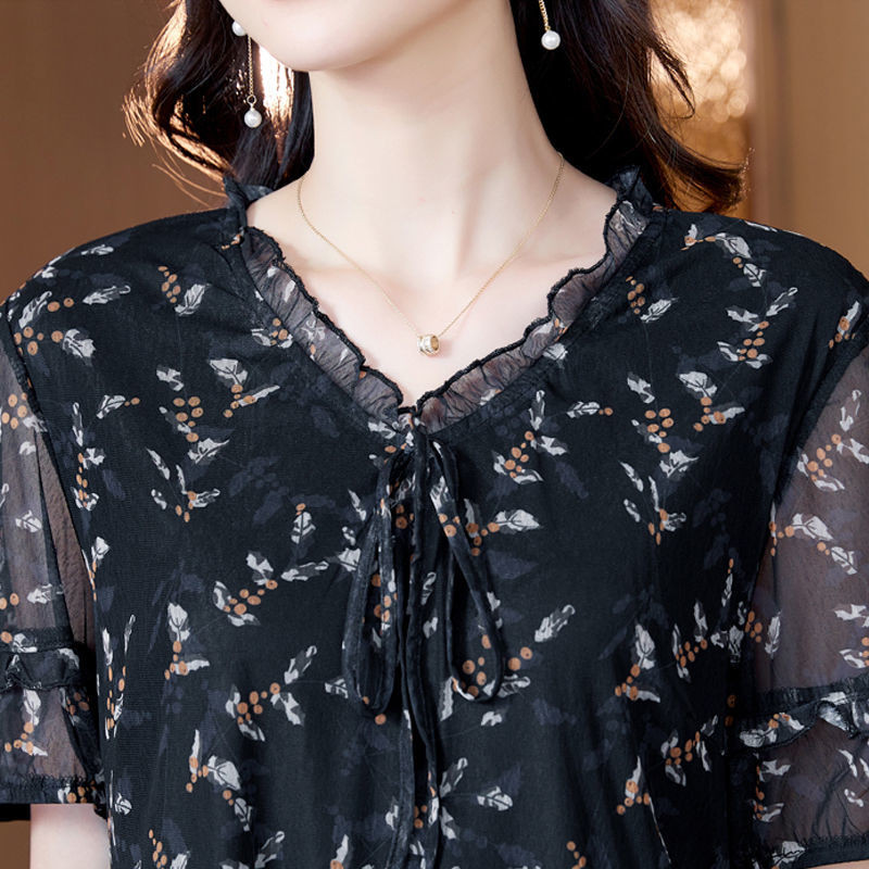 Κομψή λαιμόκοψη V με στάμπα με κορδόνια επάνω με φιόγκο με βολάν Vintage φόρεμα Γυναικεία ρούχα 2024 Καλοκαίρι Νέο Φαρδύ Γυναικείο Floral Φόρεμα