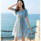 Γλυκό V-Neck Printing Shiringing Bow Chiffon Floral Γυναικεία Ρούχα Καλοκαίρι 2024 Νέο Φαρδύ φόρεμα πριγκίπισσας με μανίκια πεταλούδας