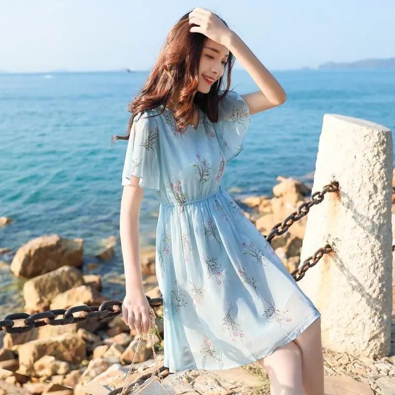 Γλυκό V-Neck Printing Shiringing Bow Chiffon Floral Γυναικεία Ρούχα Καλοκαίρι 2024 Νέο Φαρδύ φόρεμα πριγκίπισσας με μανίκια πεταλούδας