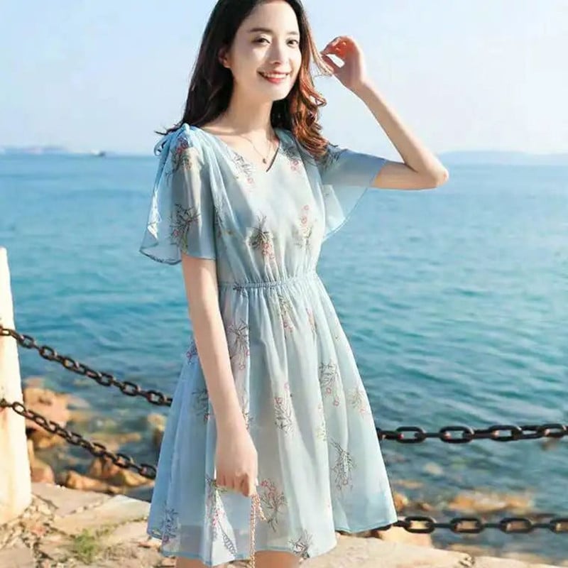 Γλυκό V-Neck Printing Shiringing Bow Chiffon Floral Γυναικεία Ρούχα Καλοκαίρι 2024 Νέο Φαρδύ φόρεμα πριγκίπισσας με μανίκια πεταλούδας