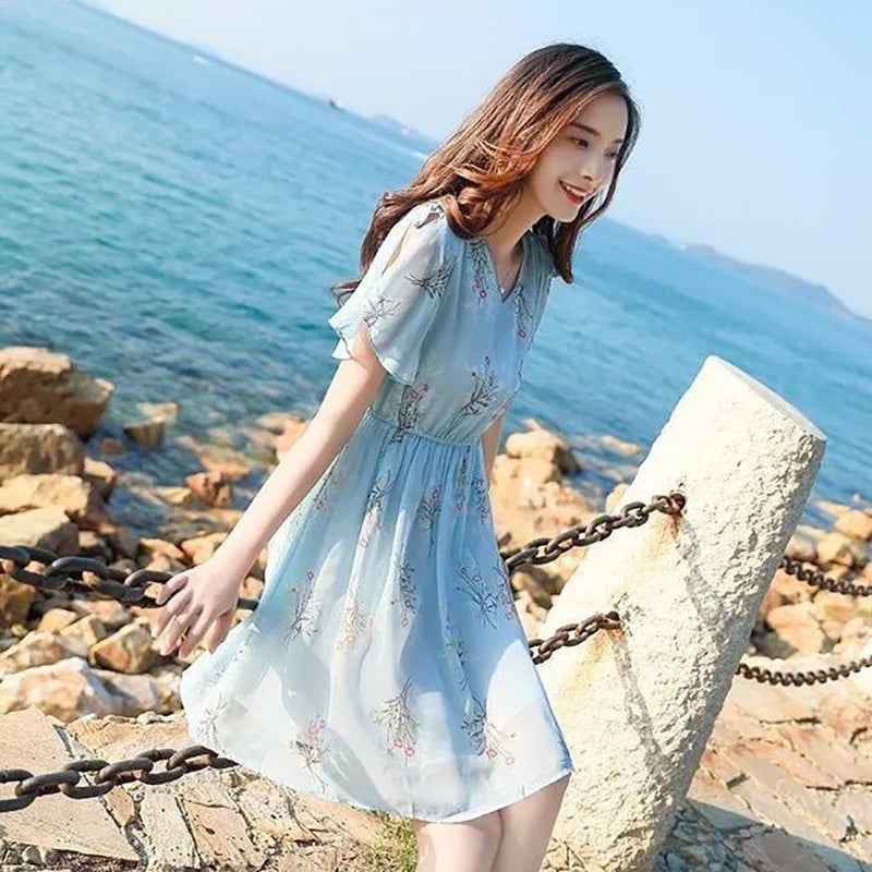 Γλυκό V-Neck Printing Shiringing Bow Chiffon Floral Γυναικεία Ρούχα Καλοκαίρι 2024 Νέο Φαρδύ φόρεμα πριγκίπισσας με μανίκια πεταλούδας