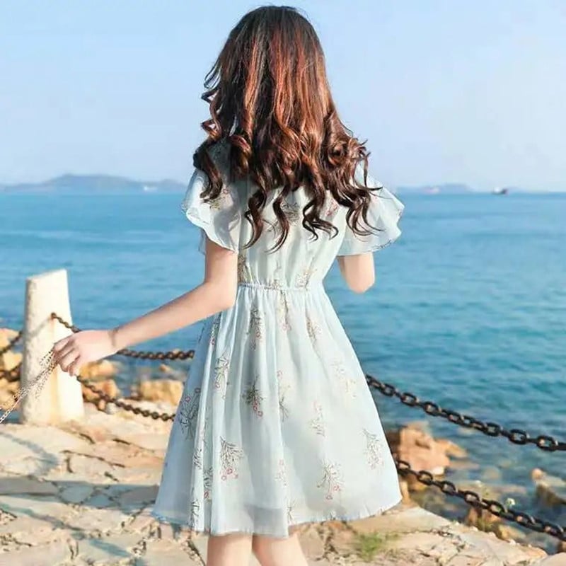 Γλυκό V-Neck Printing Shiringing Bow Chiffon Floral Γυναικεία Ρούχα Καλοκαίρι 2024 Νέο Φαρδύ φόρεμα πριγκίπισσας με μανίκια πεταλούδας