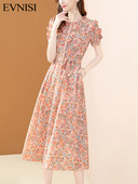 EVNISI Κομψά Φορέματα με λουλουδάτο στάμπα από σιφόν 2022 Καλοκαίρι Νέα μόδα Φόρεμα με βολάν λαιμό Lace Up σε γραμμή Α Γλυκά casual Vestidos