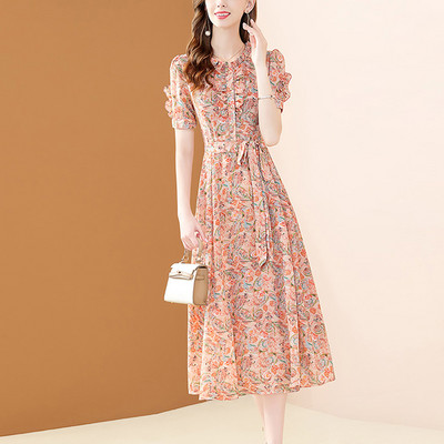 EVNISI Κομψά Φορέματα με λουλουδάτο στάμπα από σιφόν 2022 Καλοκαίρι Νέα μόδα Φόρεμα με βολάν λαιμό Lace Up σε γραμμή Α Γλυκά casual Vestidos