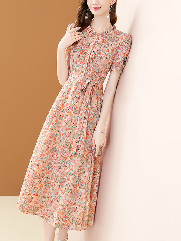 EVNISI Κομψά Φορέματα με λουλουδάτο στάμπα από σιφόν 2022 Καλοκαίρι Νέα μόδα Φόρεμα με βολάν λαιμό Lace Up σε γραμμή Α Γλυκά casual Vestidos