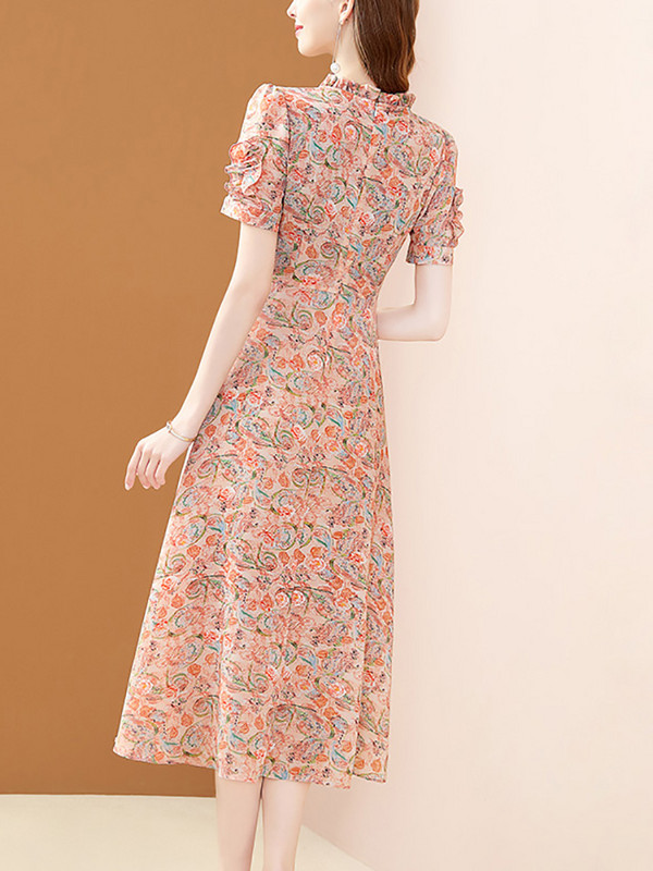 EVNISI Κομψά Φορέματα με λουλουδάτο στάμπα από σιφόν 2022 Καλοκαίρι Νέα μόδα Φόρεμα με βολάν λαιμό Lace Up σε γραμμή Α Γλυκά casual Vestidos