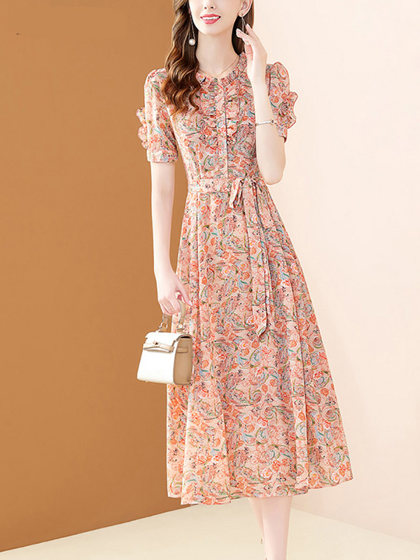 EVNISI Κομψά Φορέματα με λουλουδάτο στάμπα από σιφόν 2022 Καλοκαίρι Νέα μόδα Φόρεμα με βολάν λαιμό Lace Up σε γραμμή Α Γλυκά casual Vestidos