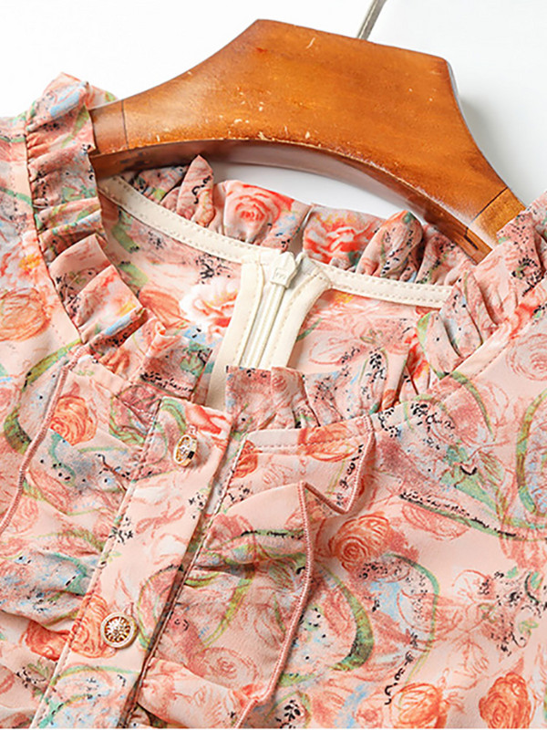 EVNISI Κομψά Φορέματα με λουλουδάτο στάμπα από σιφόν 2022 Καλοκαίρι Νέα μόδα Φόρεμα με βολάν λαιμό Lace Up σε γραμμή Α Γλυκά casual Vestidos