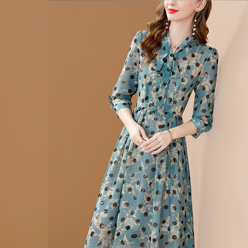 EVNISI Chiffon Print Γυναικείο Πράσινο Φόρεμα με V λαιμόκοψη Ανοιξιάτικα φορέματα τριών τετάρτων μανίκια Chic Office Lady Vestidos 2023