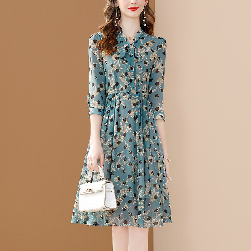 EVNISI Chiffon Print Γυναικείο Πράσινο Φόρεμα με V λαιμόκοψη Ανοιξιάτικα φορέματα τριών τετάρτων μανίκια Chic Office Lady Vestidos 2023