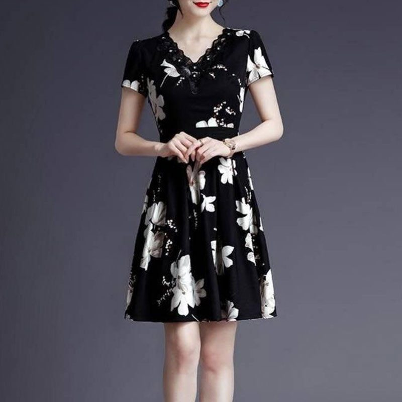 Irodai hölgy virágos nyomtatott midi ruha Elegáns V-nyakú, csipke toldású nyári elegáns gyémántok divatos kötszeres masni A-vonalú ruhák 2023