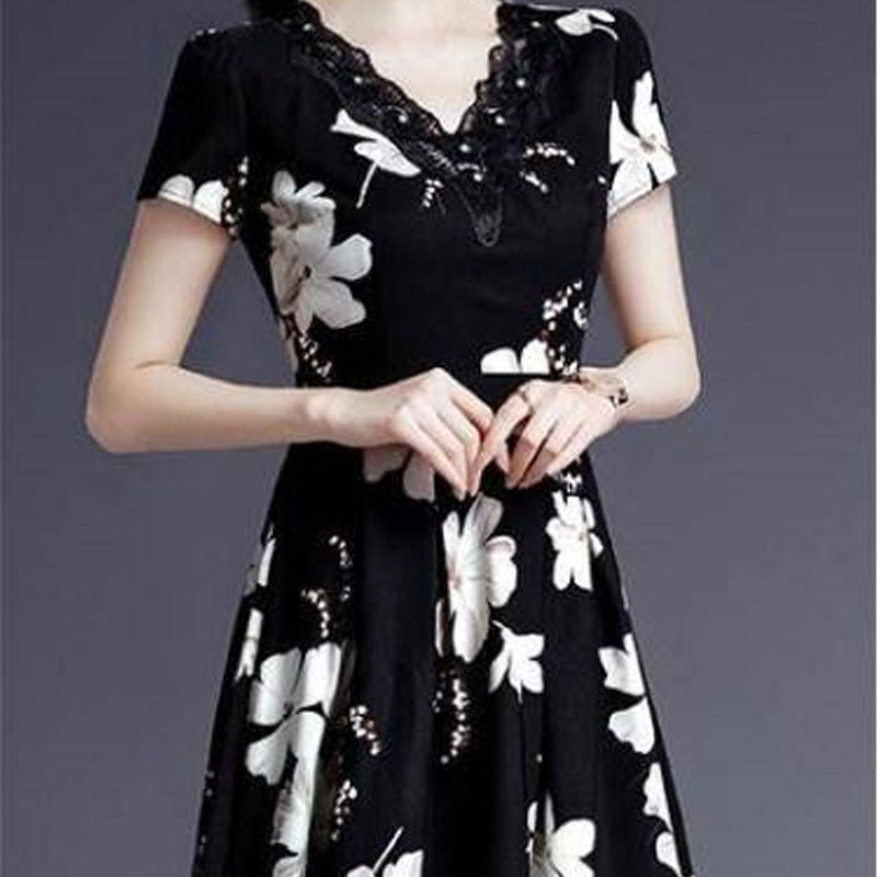 Irodai hölgy virágos nyomtatott midi ruha Elegáns V-nyakú, csipke toldású nyári elegáns gyémántok divatos kötszeres masni A-vonalú ruhák 2023