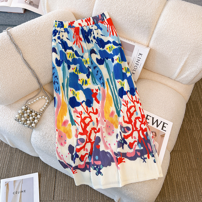 Női 2024 Nyári Divat Kontraszt Színes Nyomtatott szoknya Női Magas derekú hasított redős szoknyák Női Hosszú, Egyenes szoknyák B43