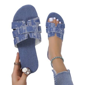 Чехли с голям размер 2024 Лято Нови сандали с плоско дъно за дамски дънкови едноцветни чехли