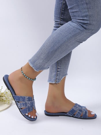 Чехли с голям размер 2024 Лято Нови сандали с плоско дъно за дамски дънкови едноцветни чехли