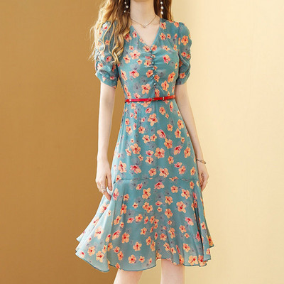 Rochie de vară pentru femei din șifon floral, frunze de lotus, 2021, noua modă, cu centură de temperament cu imprimeu, rochie șic pentru femei, rochie feminina