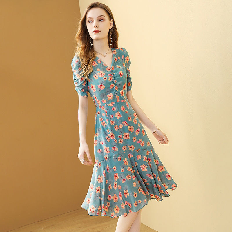 Rochie de vară pentru femei din șifon floral, frunze de lotus, 2021, noua modă, cu centură de temperament cu imprimeu, rochie șic pentru femei, rochie feminina