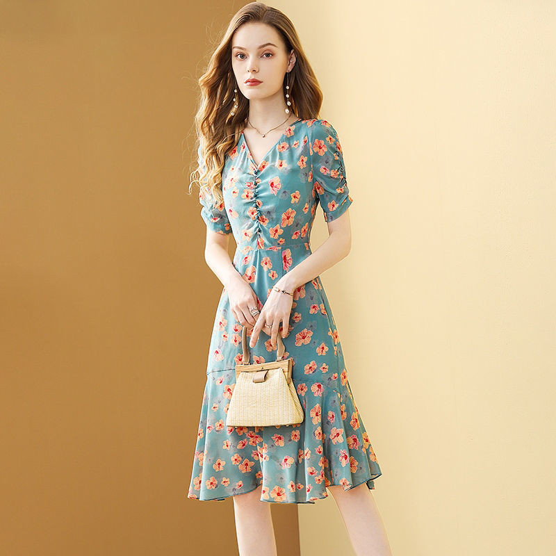 Rochie de vară pentru femei din șifon floral, frunze de lotus, 2021, noua modă, cu centură de temperament cu imprimeu, rochie șic pentru femei, rochie feminina