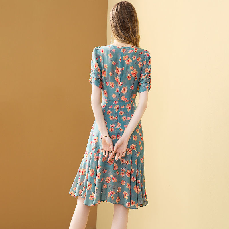 Rochie de vară pentru femei din șifon floral, frunze de lotus, 2021, noua modă, cu centură de temperament cu imprimeu, rochie șic pentru femei, rochie feminina