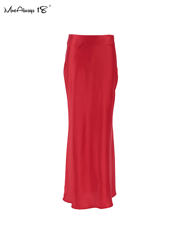 Mnealways18 Modne satenske crvene suknje Ženske 2024. Elegantne jednobojne uredske ženske suknje visokog struka Tanke večernje tanke duge suknje za zabave