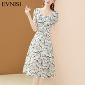 EVNISI rochii elegante cu imprimeu din șifon pentru femei, vara 2022, cu guler pătrat, rochie în formă de A, cu mâneci bufante, rochii casual