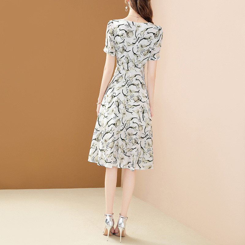 EVNISI rochii elegante cu imprimeu din șifon pentru femei, vara 2022, cu guler pătrat, rochie în formă de A, cu mâneci bufante, rochii casual