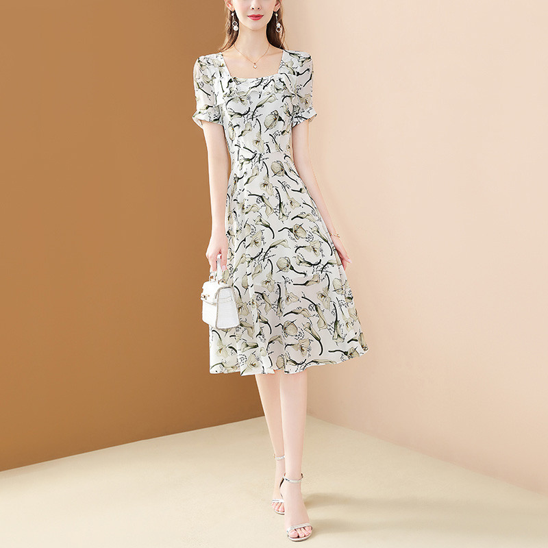 EVNISI rochii elegante cu imprimeu din șifon pentru femei, vara 2022, cu guler pătrat, rochie în formă de A, cu mâneci bufante, rochii casual