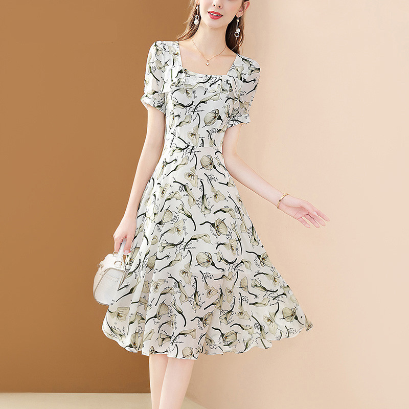 EVNISI rochii elegante cu imprimeu din șifon pentru femei, vara 2022, cu guler pătrat, rochie în formă de A, cu mâneci bufante, rochii casual