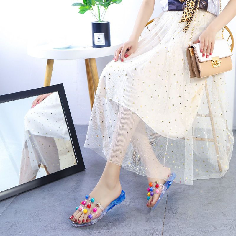 Naiste sussid, mitmevärvilised sandaalid, maja selged suvised läbipaistvad kiilukontsad, madalad kodukingad naistele 2023 želee vannituba