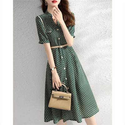 Suvemood Korea elegantne lihtsa mustriga vöö lühikeste varrukatega tuunikanööbiga särkkleidid naistele vabaaja õhuke midikleit Vestido