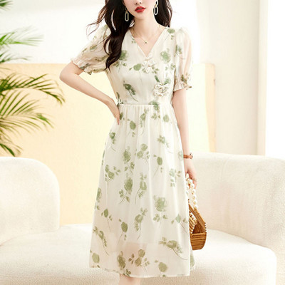Κομψά κινέζικα φορέματα με πόρπη με δίσκο Γυναικεία ρούχα κοντό μανίκι Κομψό με λαιμόκοψη σε V καλοκαιρινή γραμμή Α σπασμένα λουλούδια Basic midi φόρεμα