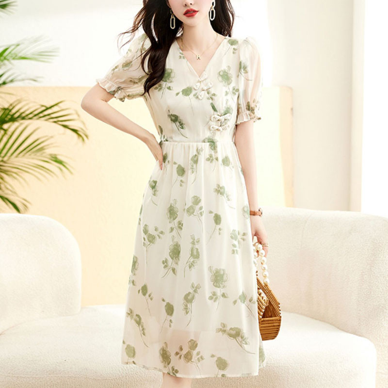 Κομψά κινέζικα φορέματα με πόρπη με δίσκο Γυναικεία ρούχα κοντό μανίκι Κομψό με λαιμόκοψη σε V καλοκαιρινή γραμμή Α σπασμένα λουλούδια Basic midi φόρεμα