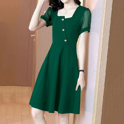 Sieviešu apģērbs Eleganta kvadrātveida apkakle Minikleita Modes A-līnijas jostasvieta Asimetriska vasaras korejiešu vienkrāsains kleitas.