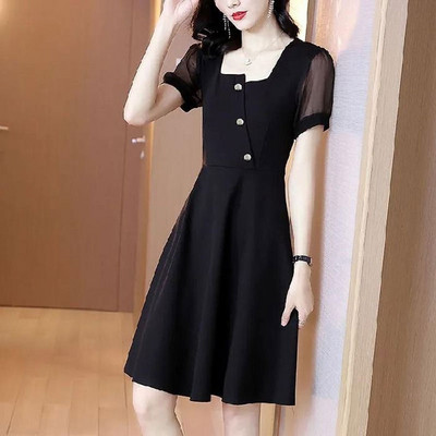 Sieviešu apģērbs Eleganta kvadrātveida apkakle Minikleita Modes A-līnijas jostasvieta Asimetriska vasaras korejiešu vienkrāsains kleitas.