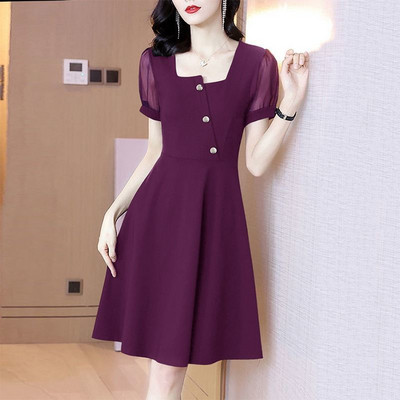 Sieviešu apģērbs Eleganta kvadrātveida apkakle Minikleita Modes A-līnijas jostasvieta Asimetriska vasaras korejiešu vienkrāsains kleitas.