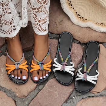 Нови летни дамски модни сандали на плосък ток за 2024 г. Плажни ежедневни чехли с тесни ленти със стрази Zapatillas Mujer
