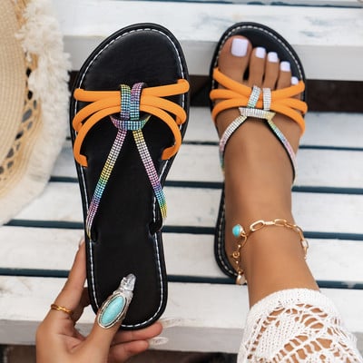 Vara 2024, sandale cu toc plat la modă pentru femei, cu strasuri strălucitoare, cu bandă îngustă pentru plajă, papuci casual Zapatillas Mujer