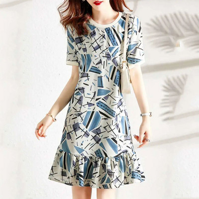 Divatos, elegáns női kerek nyakú, virágos ruhák 2023-as nyári alkalmi rövid ujjú női ruházat Koreai fodros nyomóruha