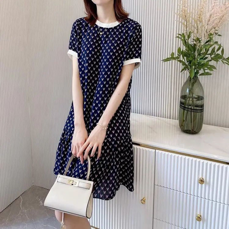 Divatos, elegáns női kerek nyakú, virágos ruhák 2023-as nyári alkalmi rövid ujjú női ruházat Koreai fodros nyomóruha