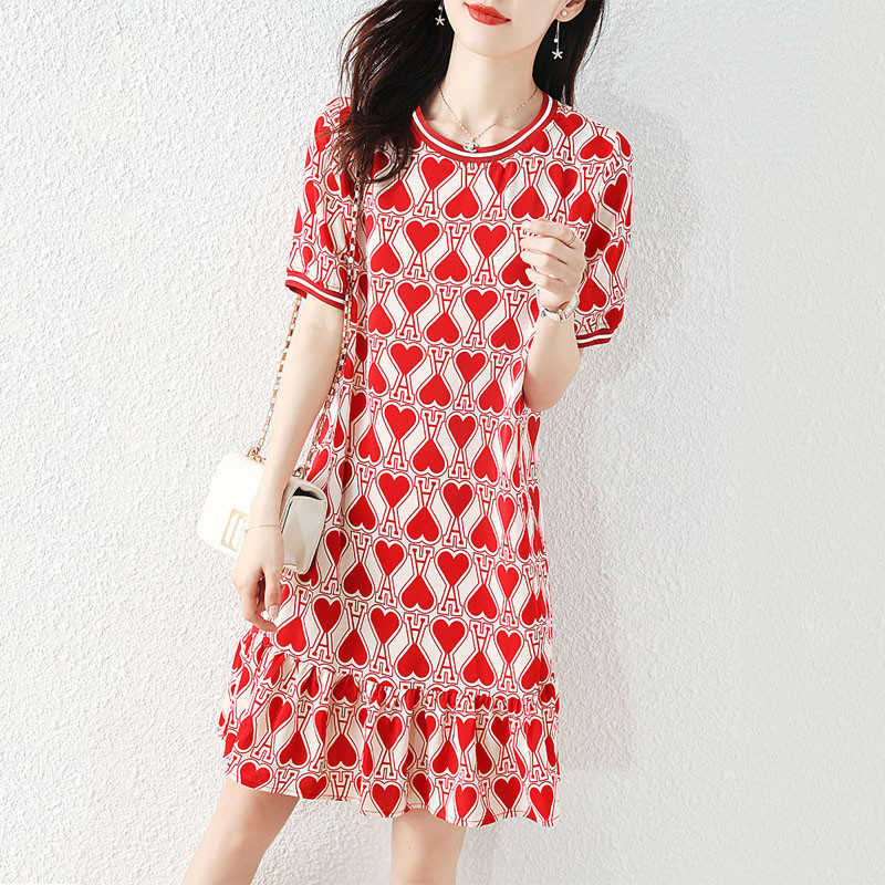 Divatos, elegáns női kerek nyakú, virágos ruhák 2023-as nyári alkalmi rövid ujjú női ruházat Koreai fodros nyomóruha