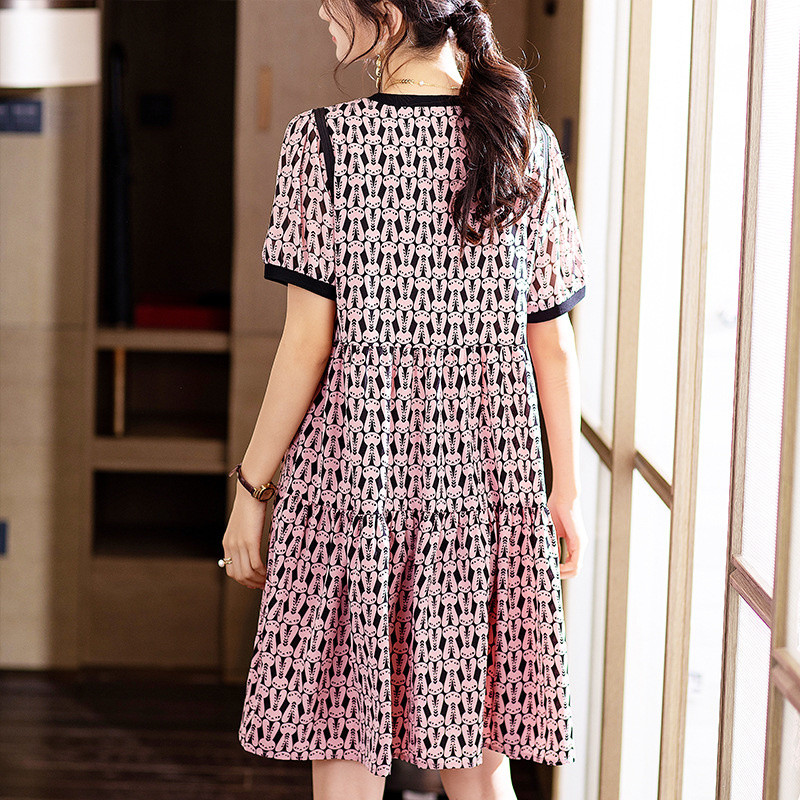 #4501 Must roosa trükitud šifoonist vintage kleit naiste lühikeste varrukatega seksikas A-kujuline kleit, naiselik, õhuke lõhenenud liiges Retro Vestidos suvine